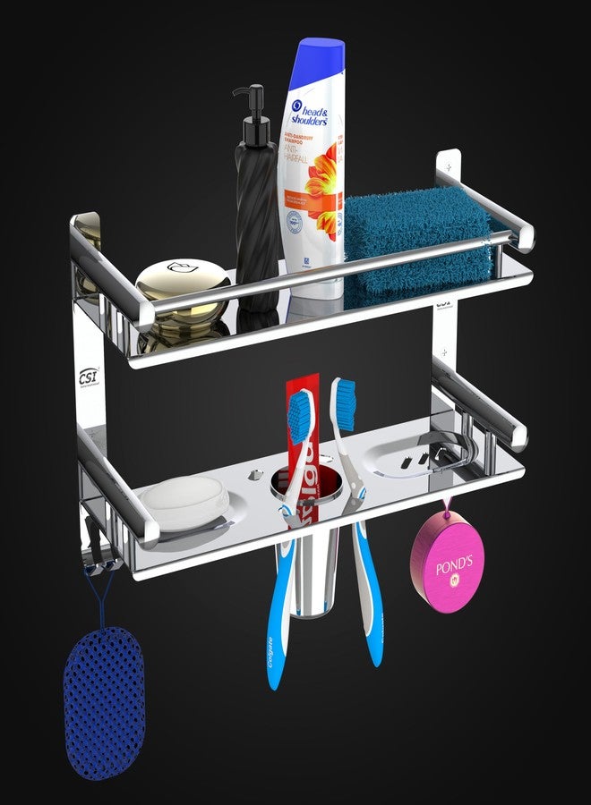Filox Stainless Steel Bathroom Storage Shelf Rack | 2-Tier Wall Mounted Stand | Shelf Organizer with Toothbrush Holder | Multipurpose Bathroom Accessories, - Image 2